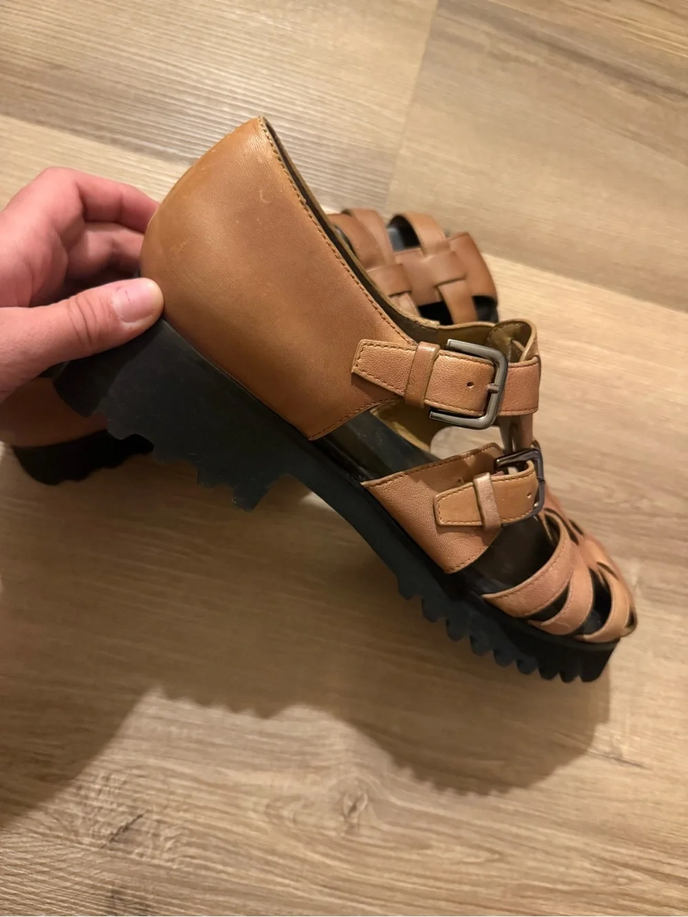 Free People Cognac Leather Buckle Fisherman Sandals